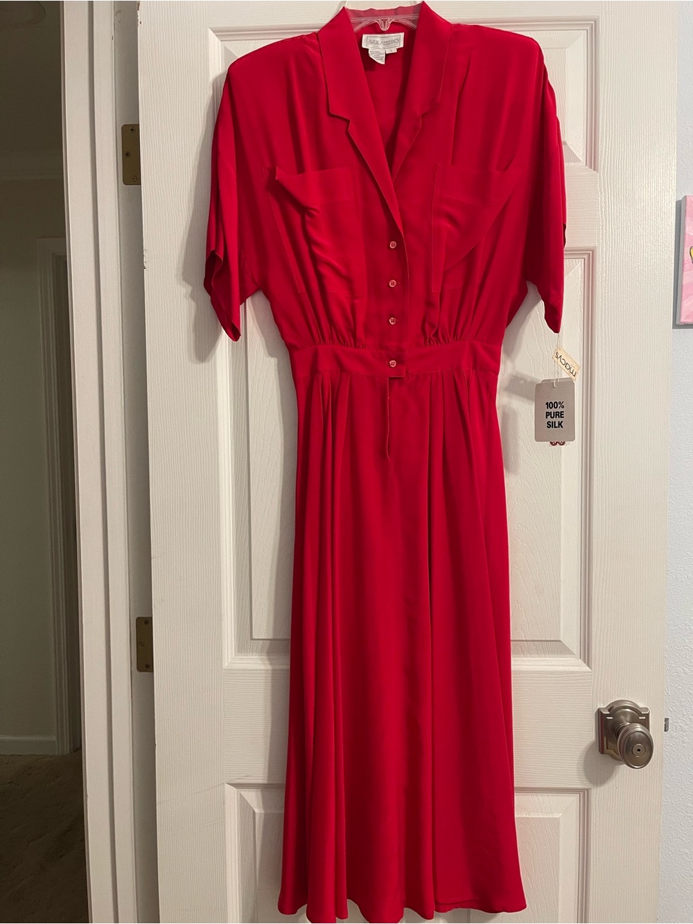VINTAGE NWT Silk Studio Red 100% Pure Silk Midi Dress Size 4